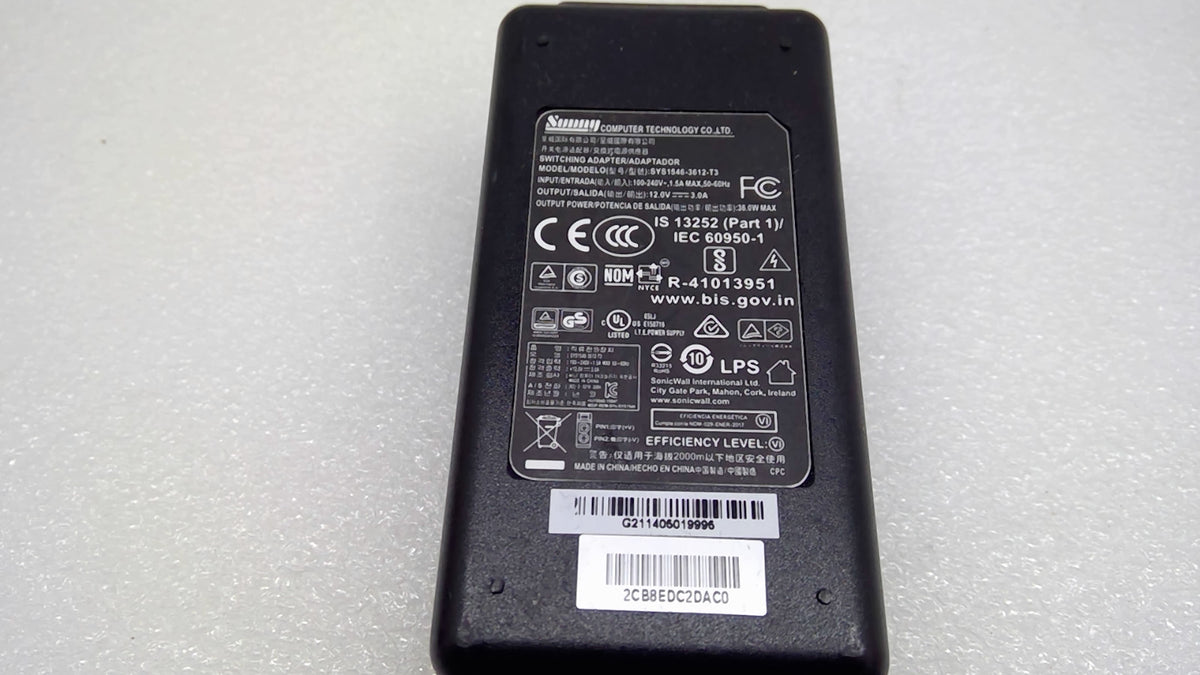Genuine Sunny SYS1546-3612-T3 SonicWall 12V 3A 36W AC Adapter 2-Pin