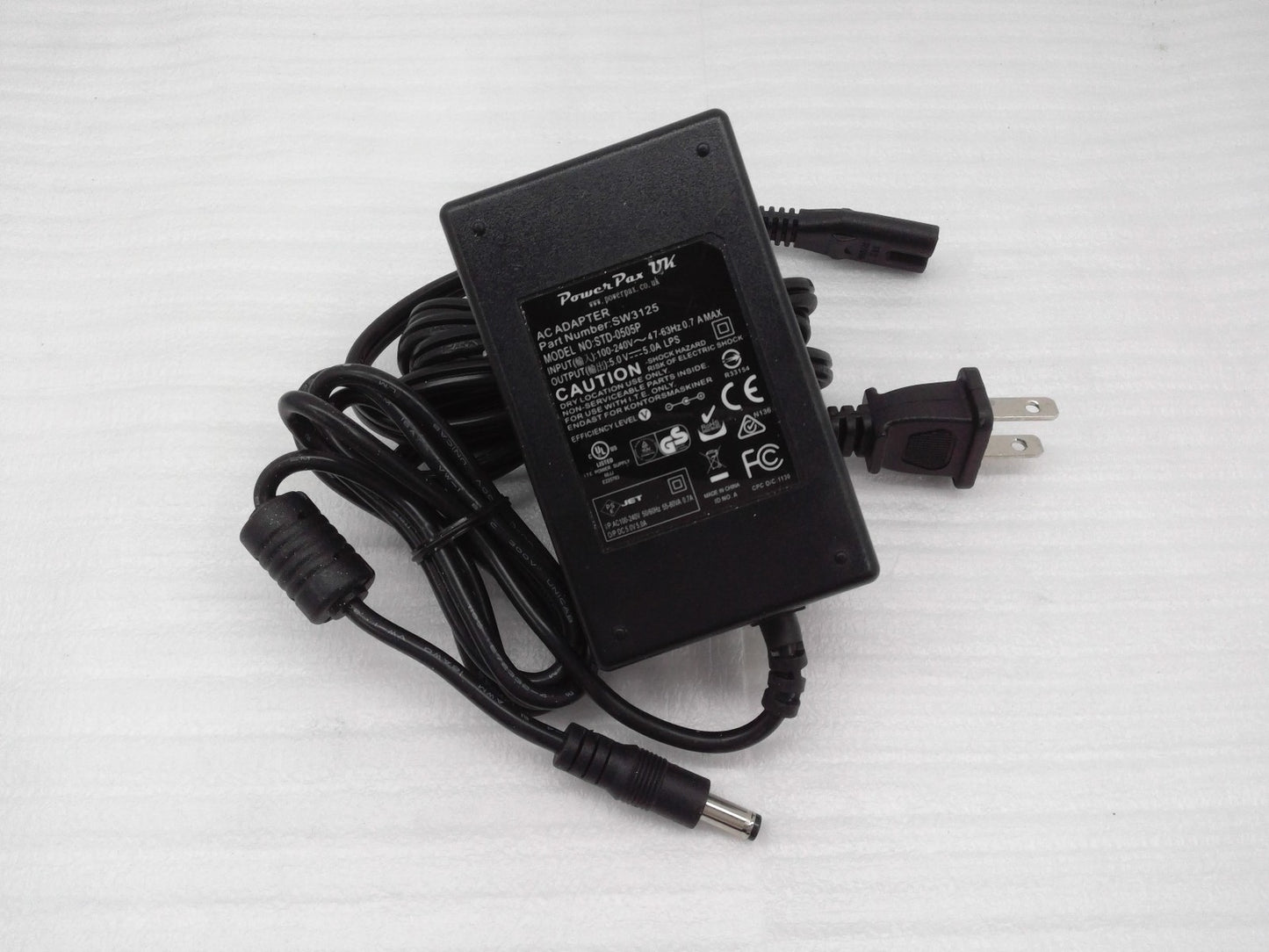 PowerPax STD-0505P Power Cable 5V 5A 25W Adapter Power Supply SW3125