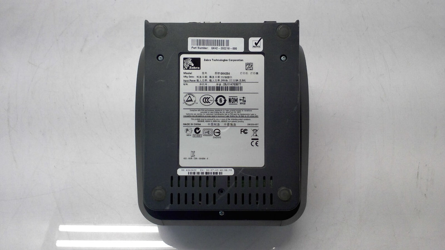 Zebra GK420d Thermal USB Label Printer GK42-202210-000 Missing Back Panel