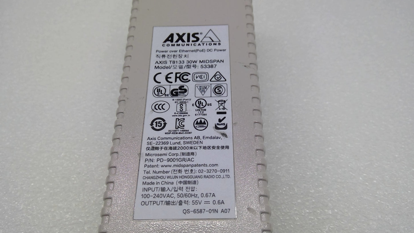 AXIS T8133 5033-071 30W Gigabit PoE+ Midspan Injector 55V 0.6A w/ Power Cord