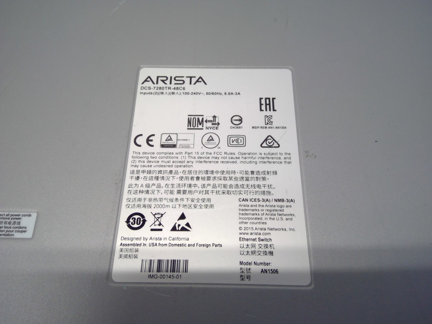 Arista DCS-7280TR-48C6-R 48x 10G & 6x 100G R-to-F Network Switch 2 xAC
