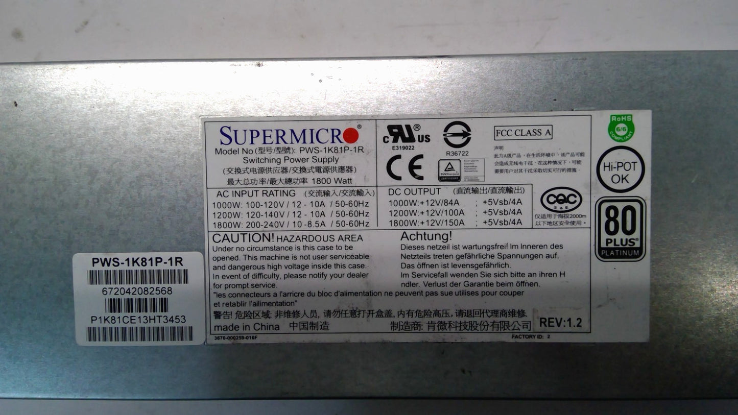 Supermicro PWS-1K81P-1R 1800W 1U 80 Plus Platinum Power Supply
