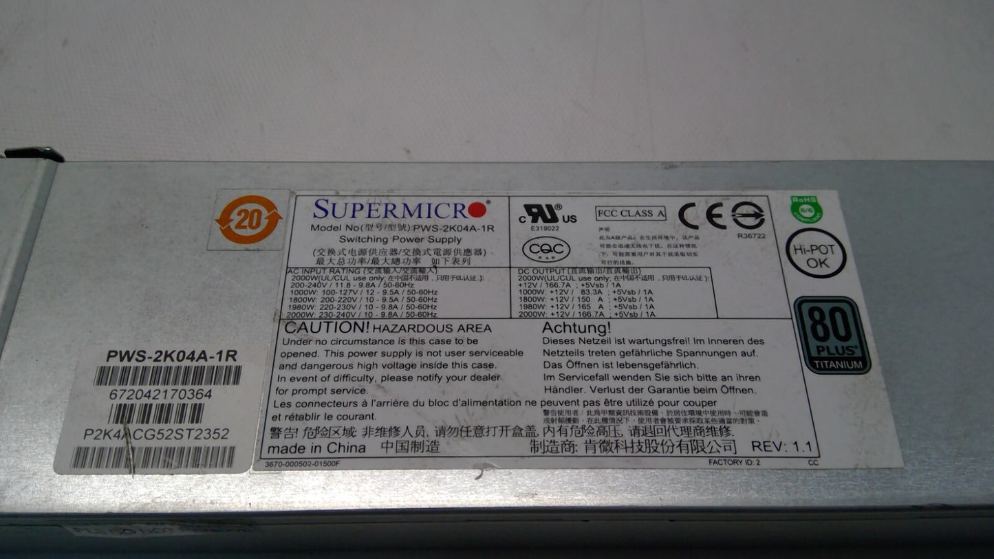 Supermicro PWS-2K04A-1R 1U 2000W Redundant PSU 80 Plus Titanium Power Supply