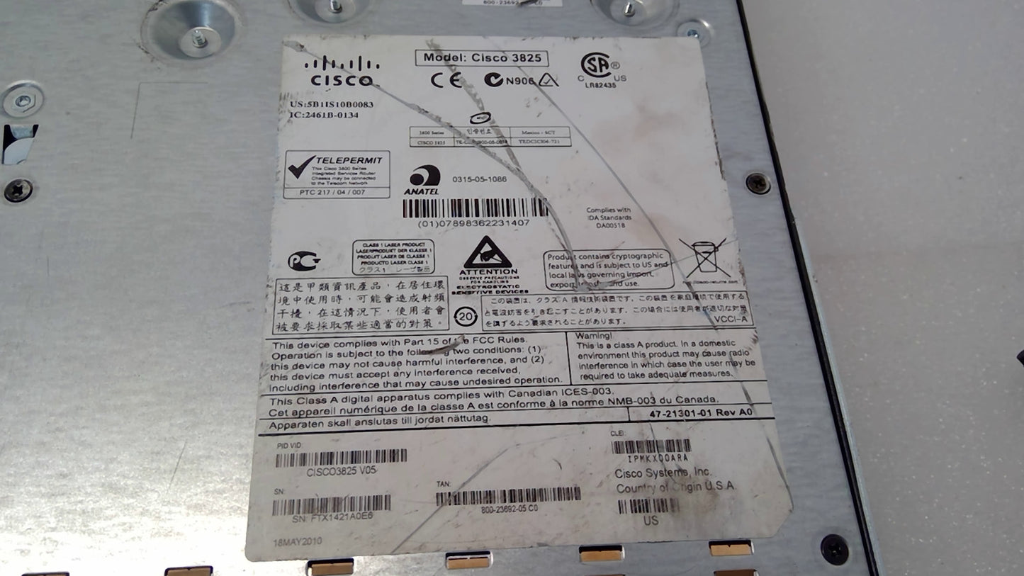 Cisco 3825 V05 Integrated Services Router ISR Tested Working w/ Ears POWER CORD