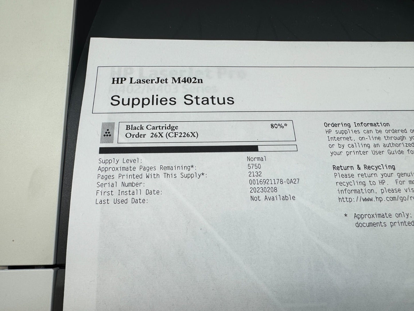 HP LaserJet Pro M402n Laser Printer Page Count 11,598 w/ Power & USB