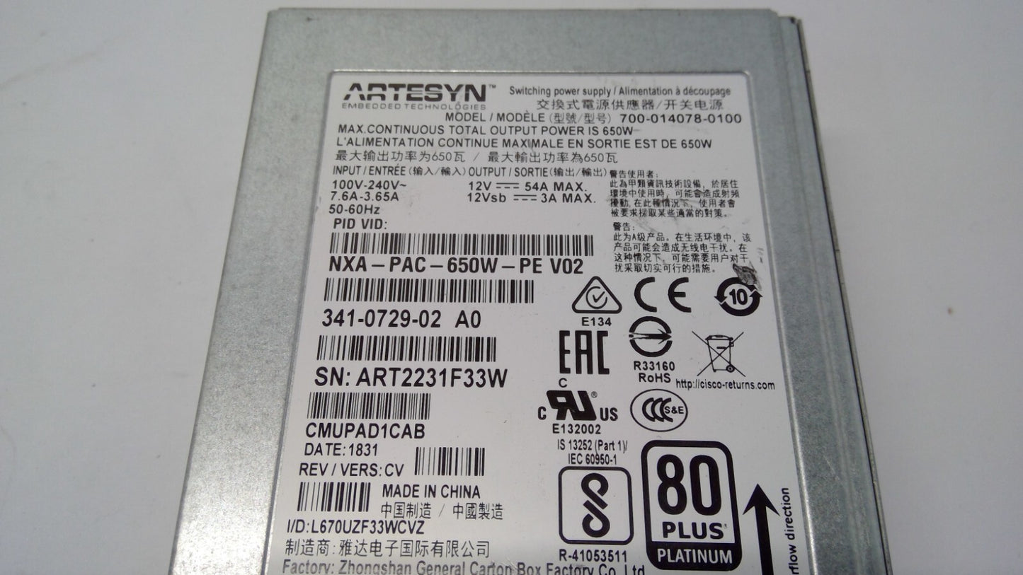 Cisco Nexus NXA-PAC-650W-PE 650W AC Power Supply Port Side Exhaust 341-0729-02
