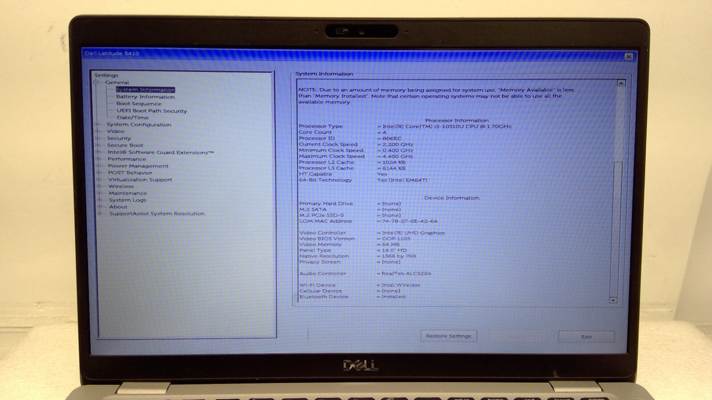 *Read*Dell Latitude 5410 14" i5-10310U@1.7GHz 16G RAM  No HDD/Battery B14/B16