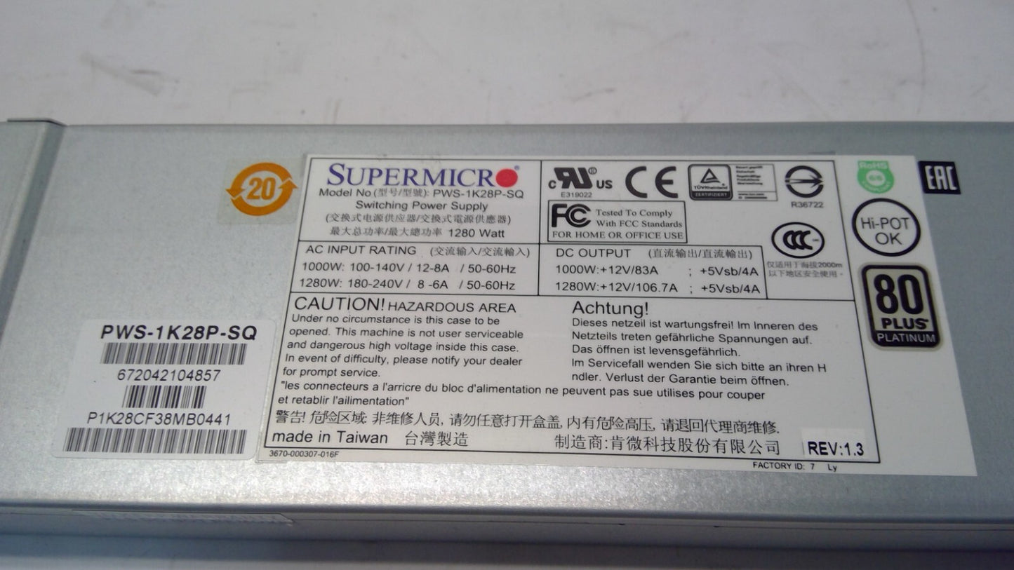 Supermicro PWS-1K28P-SQ 1280W 80+ Platinum Redundant Power Supply