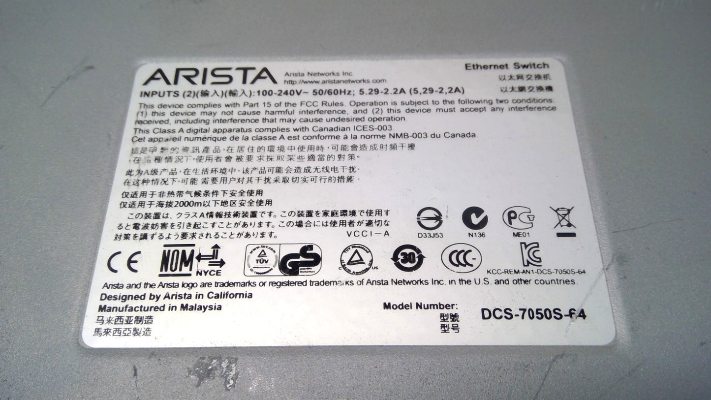 Arista DCS-7050S-64-F 48-Port 10G SFP+ 4x QSFP+ Ethernet Switch