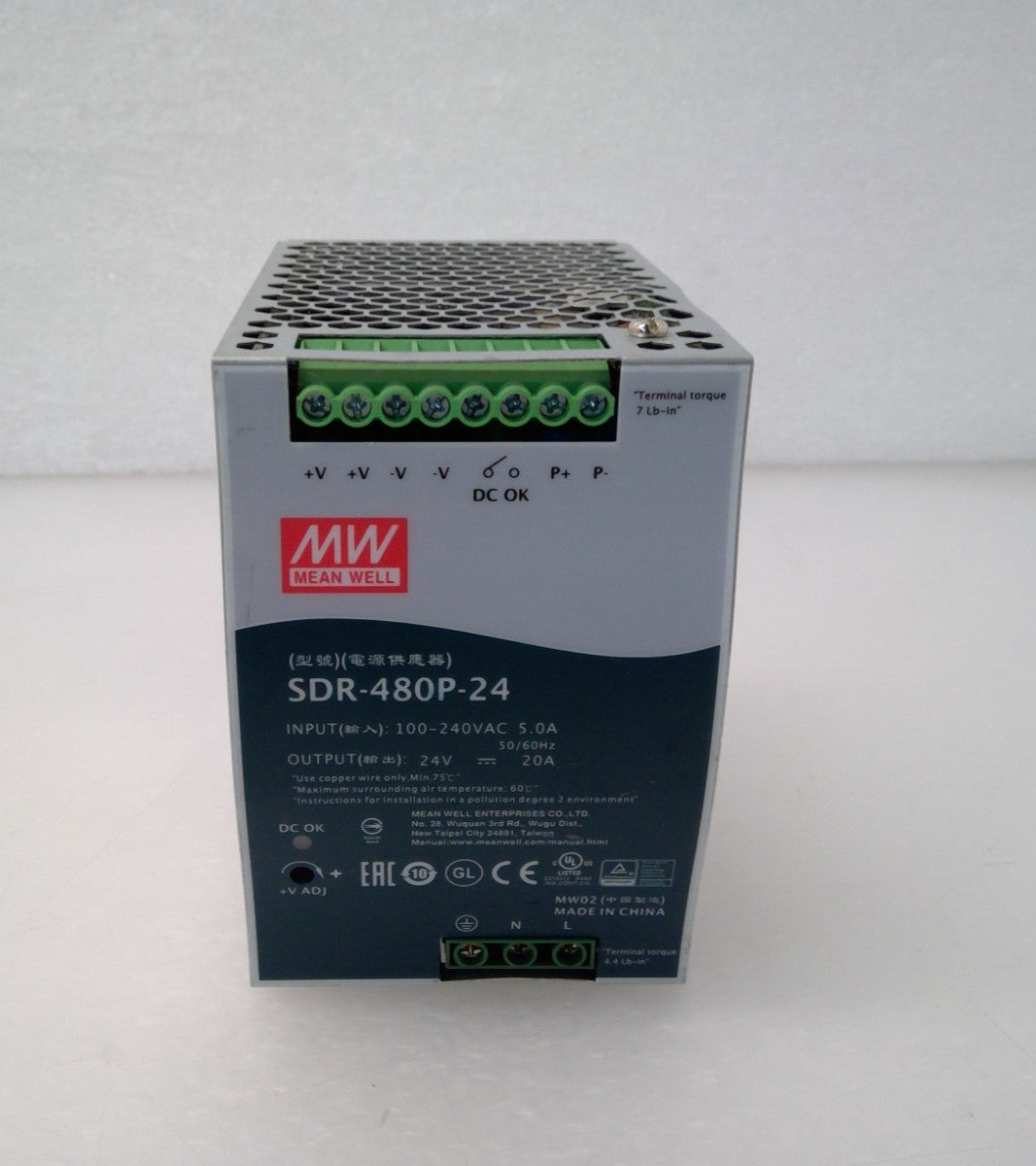 Mean Well SDR-480P-24 Power Supply 24v-dc 20a Amp 100-240v-ac 5.0A