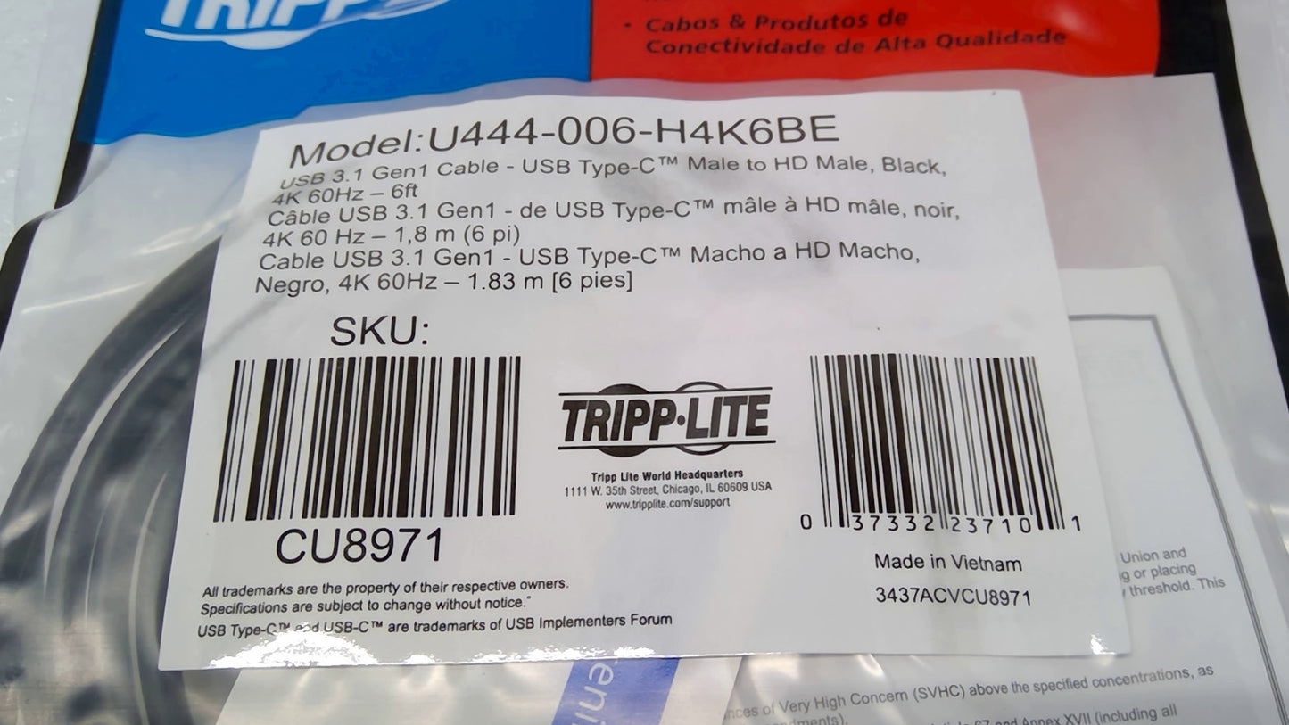 Tripp Lite USB 3.1 Gen1 Type-C to HDMI Male Cable 6ft Black U444-006-H4K6BE