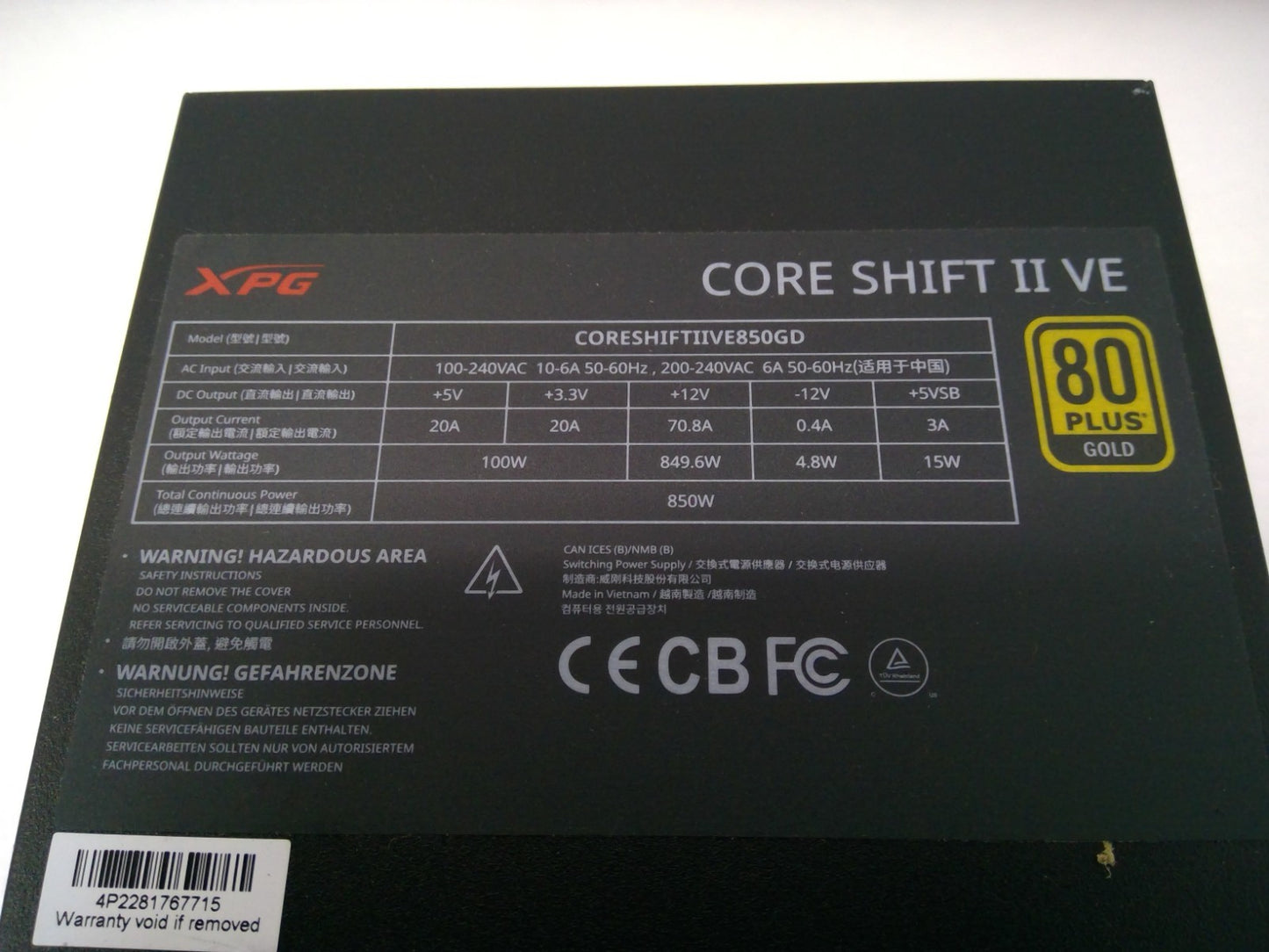 XPG Core Shift II VE 850W Gold 80 PLUS Power Supply ATX 3.0 CORESHIFTIIVE850GD