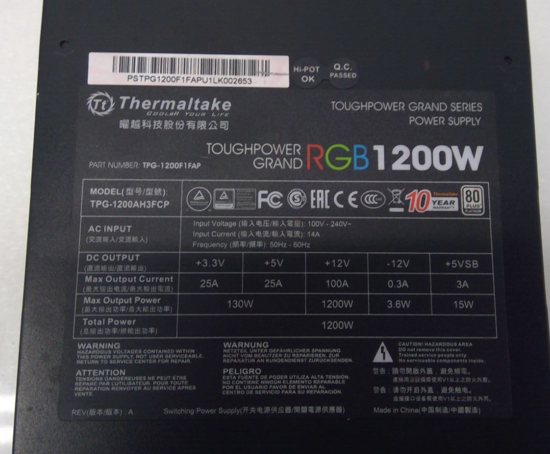 Thermaltake ToughPower Grand  TPG-1200F1FAP 1200W 80 Plus Platinum Power Supply