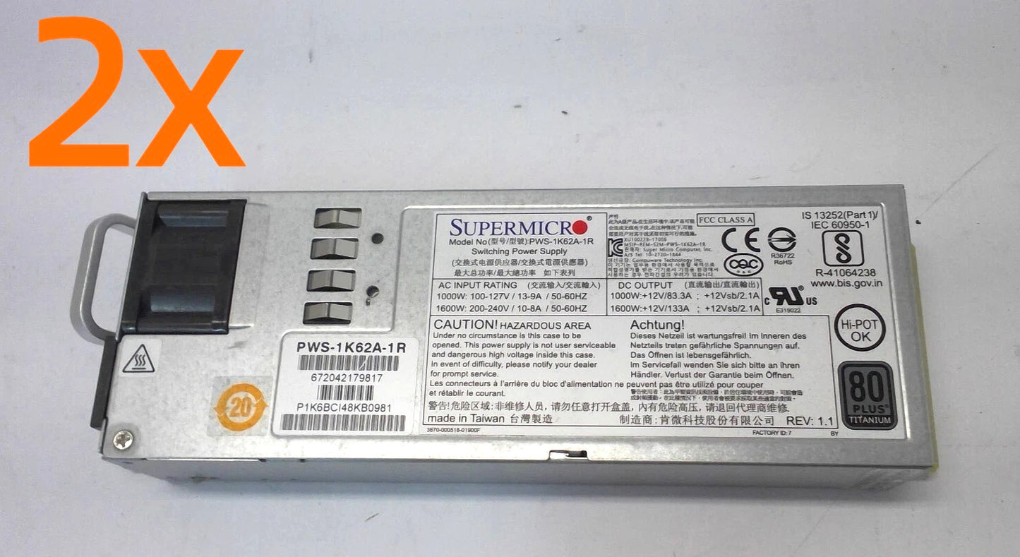 *LOT OF 2*Supermicro 1000W/1600W 1U Redundant Power Supply PWS-1K62A-1R