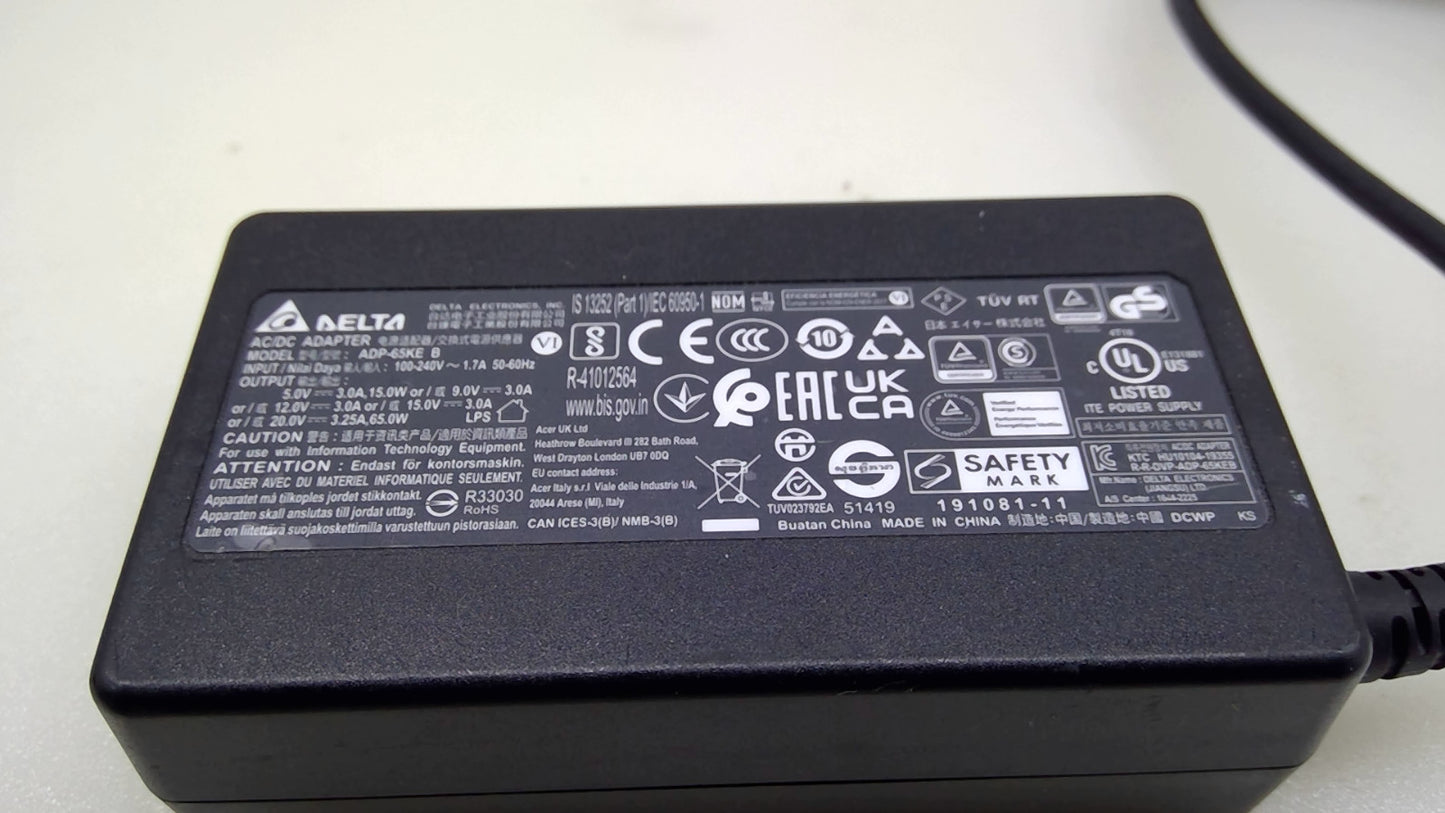 Genuine Delta ADP-65KE B 65W USB-C AC Adapter 20V 3.25A for Acer Laptop