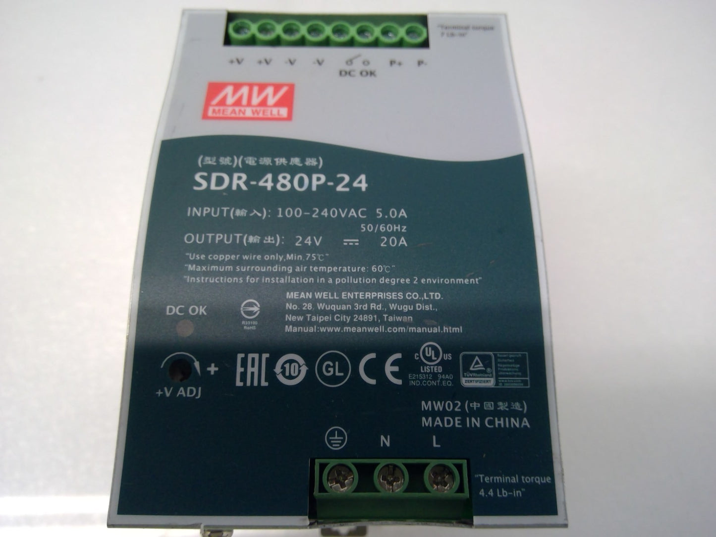 Mean Well SDR-480P-24 Power Supply 24v-dc 20a Amp 100-240v-ac 5.0A