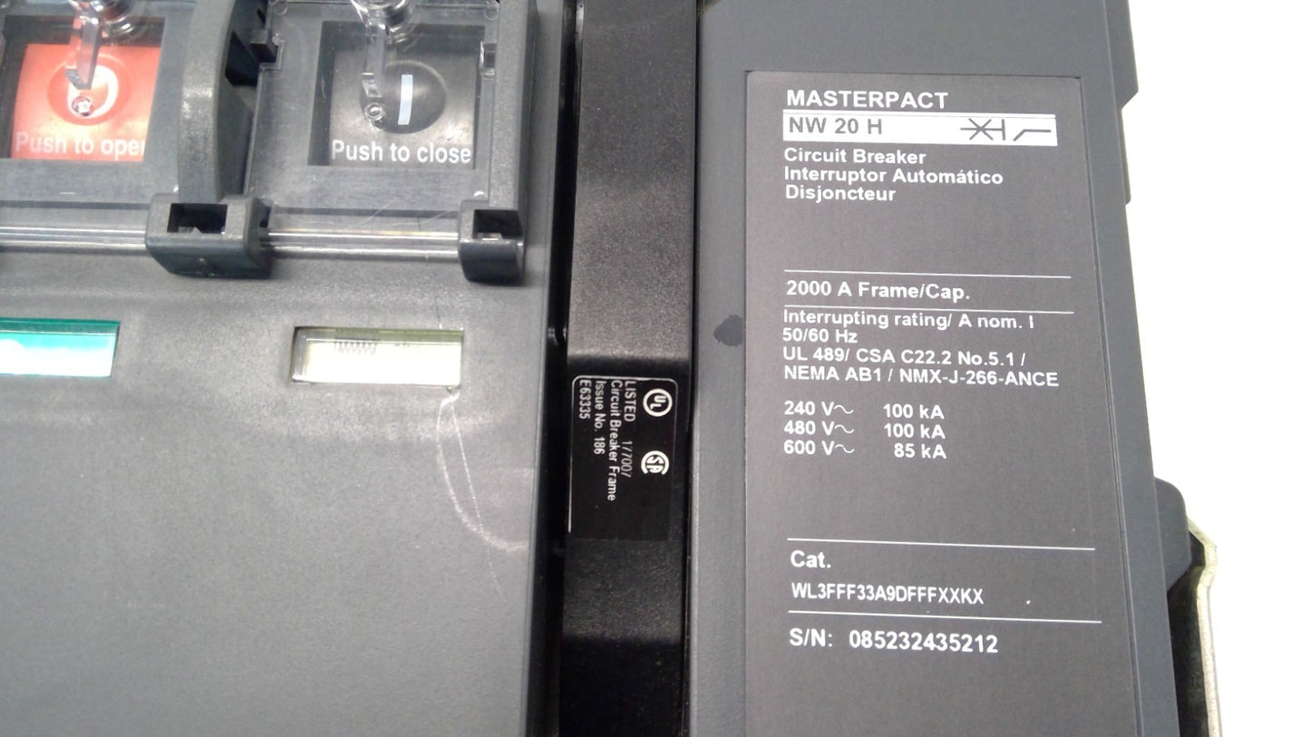 Schneider Masterpat NW20H 3 Pole 2000 Amp 600v Circuit Breaker Micrologic 3.0