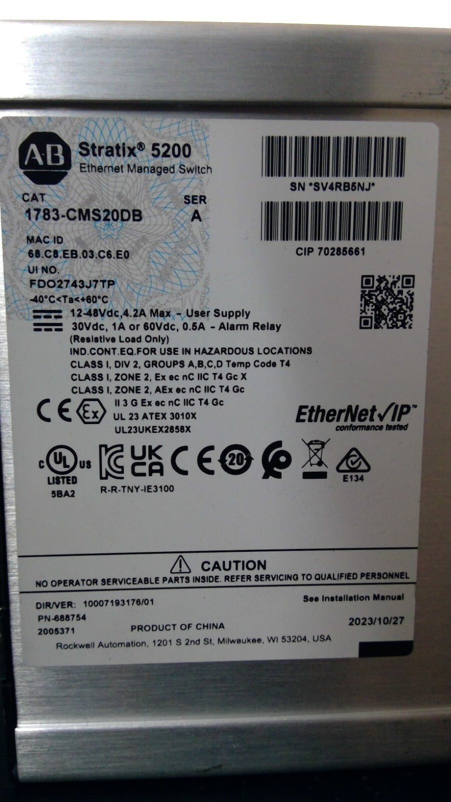 Allen Bradley 1783-CMS20DB Stratix 5200 Managed EtherNet Switch *READ*