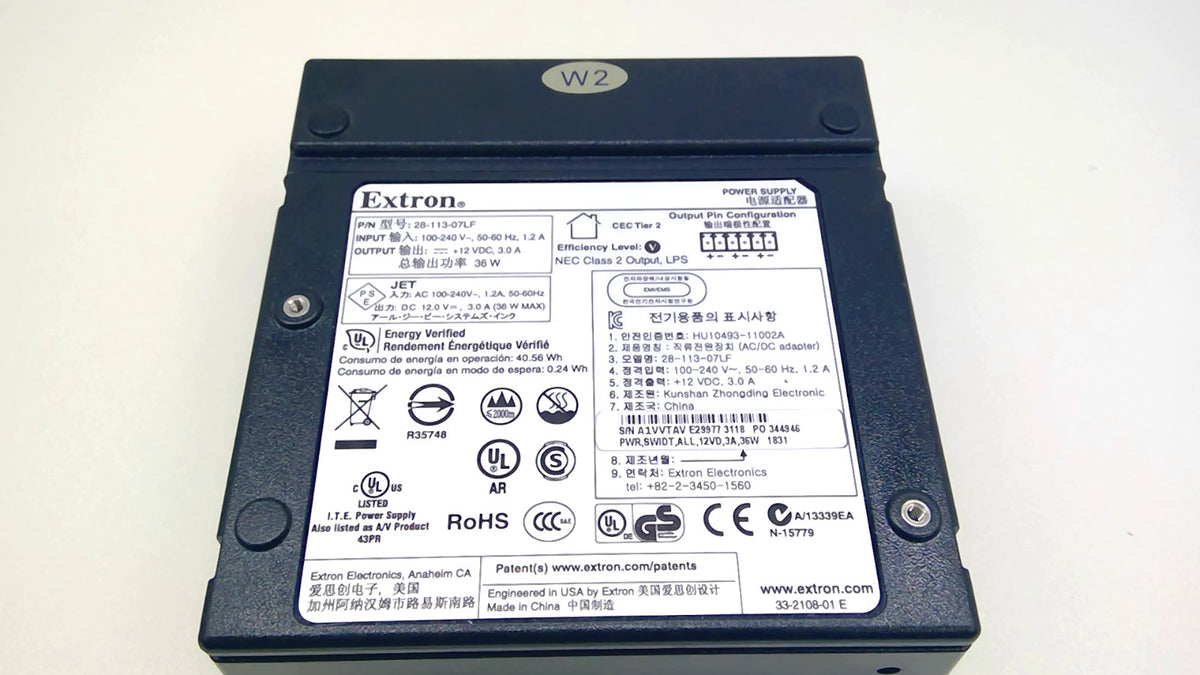 Extron 28-113-07LF 12V 3A 36W Power Supply w/ AC Cord No Terminal Plug