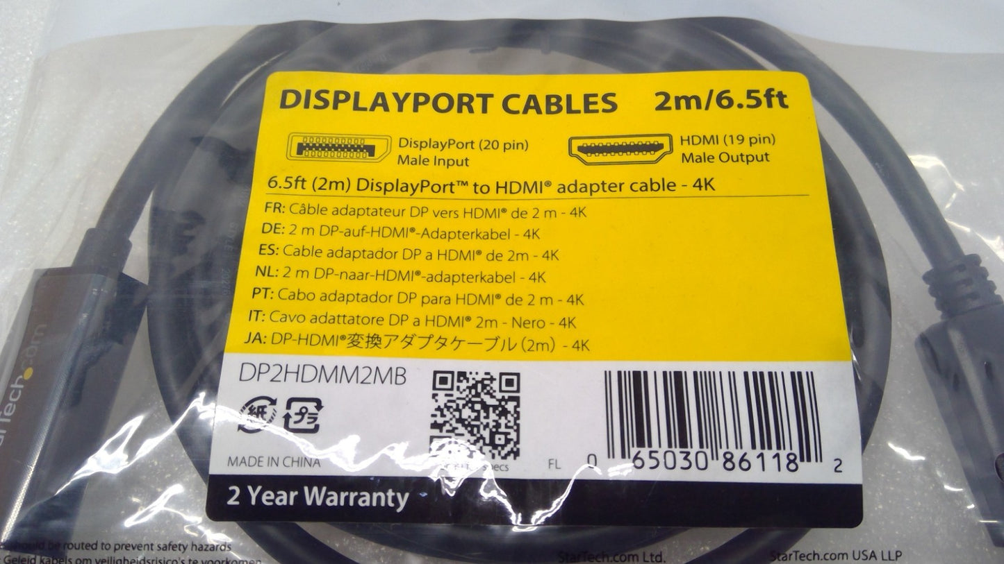 StarTech DisplayPort to HDMI Adapter Cable – 6.5 ft / 2m - 4K 30Hz DP2HDMM2MB