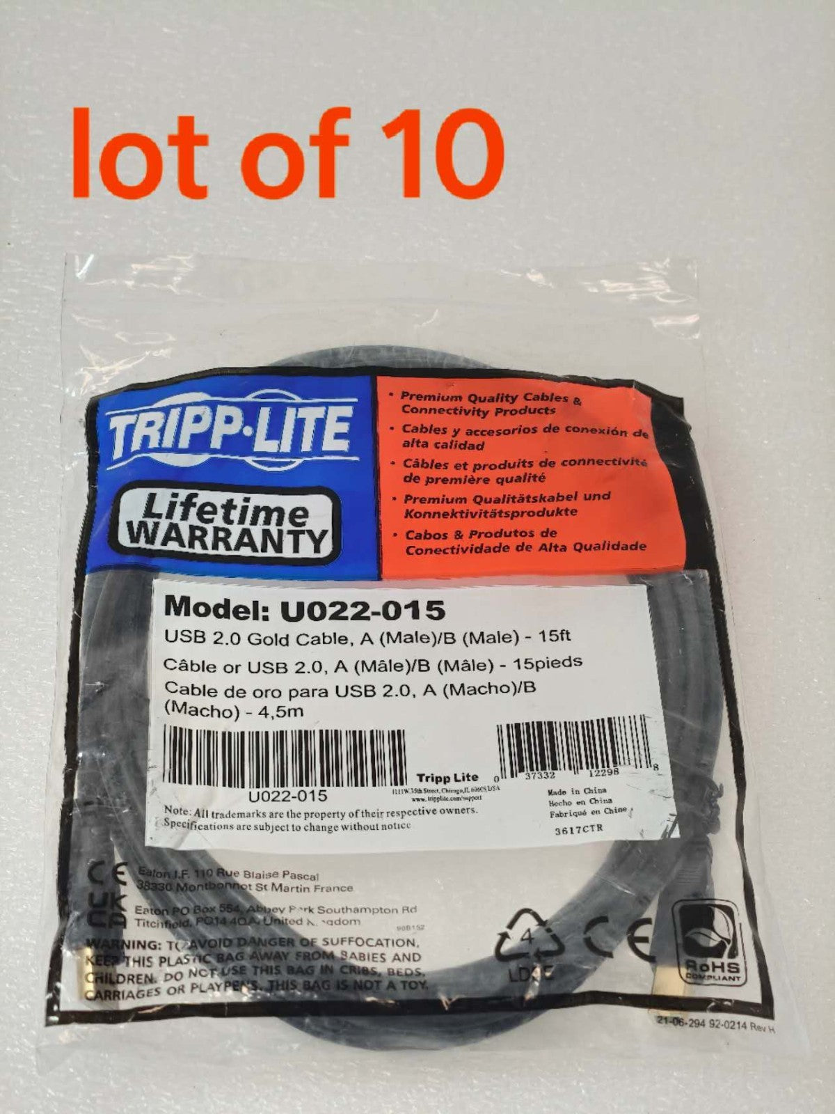 Lot of 10 Tripp Lite U022-015 USB 2.0 Cable A to B Gold M to M Printer Cord 15ft
