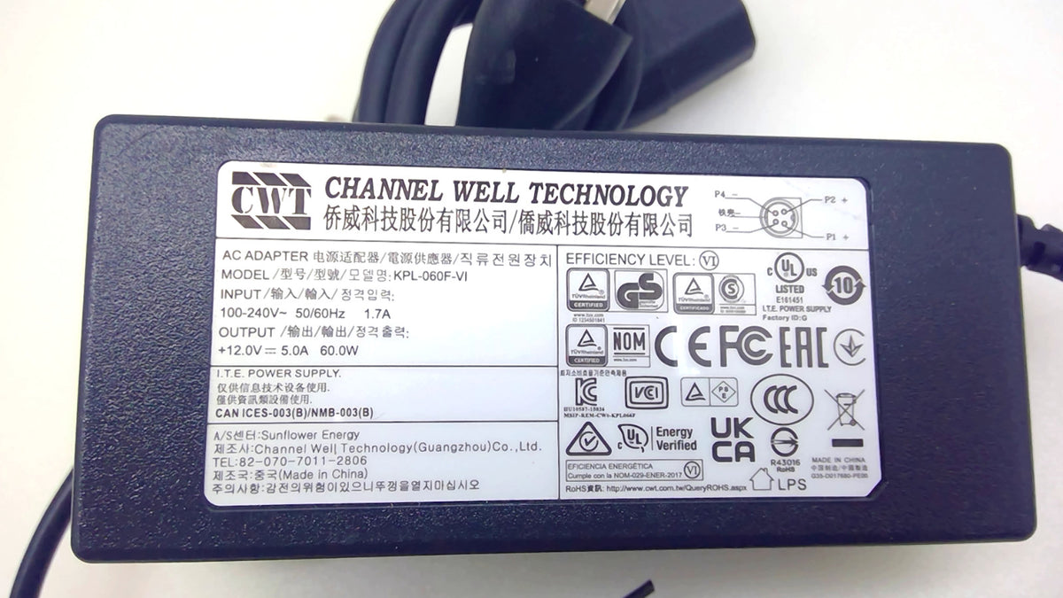 Genuine CWT KPL-060F-VI 60W 12V 5A AC/DC Power Adapter 4-Pin w/ Cord