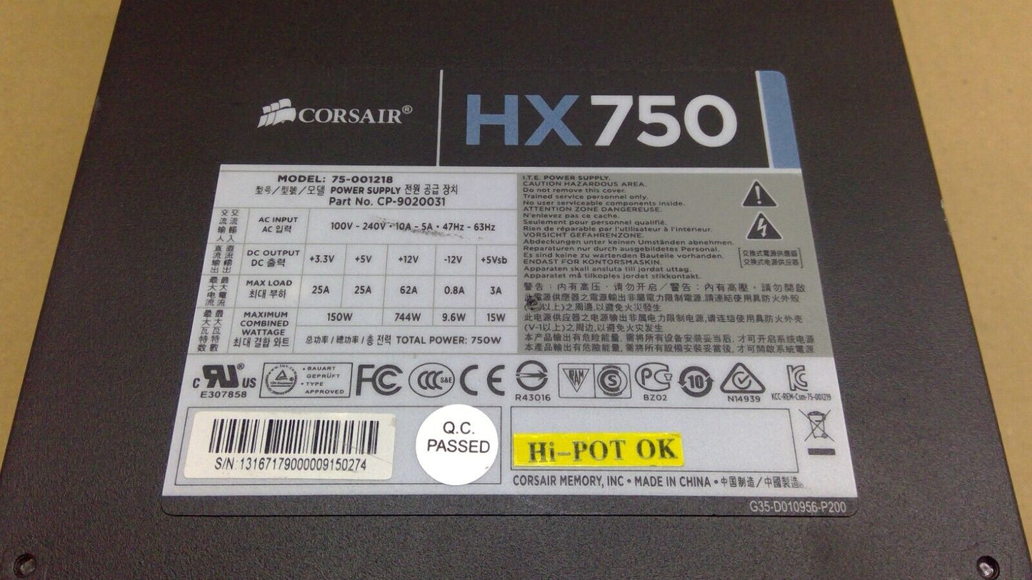 CORSAIR HX750 750W ATX PSU Power Supply, Semi Modular 75-001218 CP-9020031