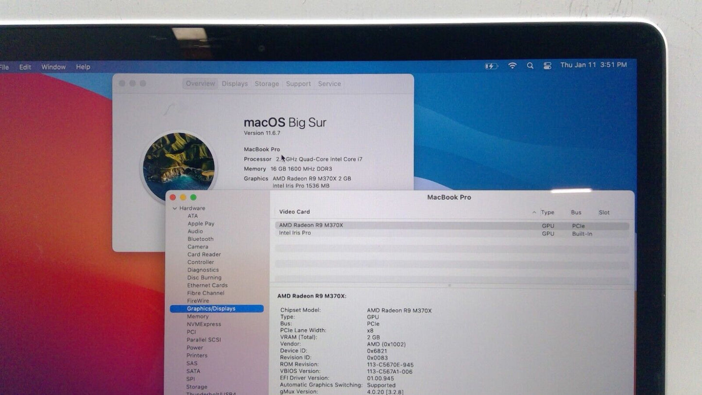 Apple Macbook Pro 15'' A1398 Retina Mid 2015 i7@2.50GHz 16GB 512G SSD M370X w/OS