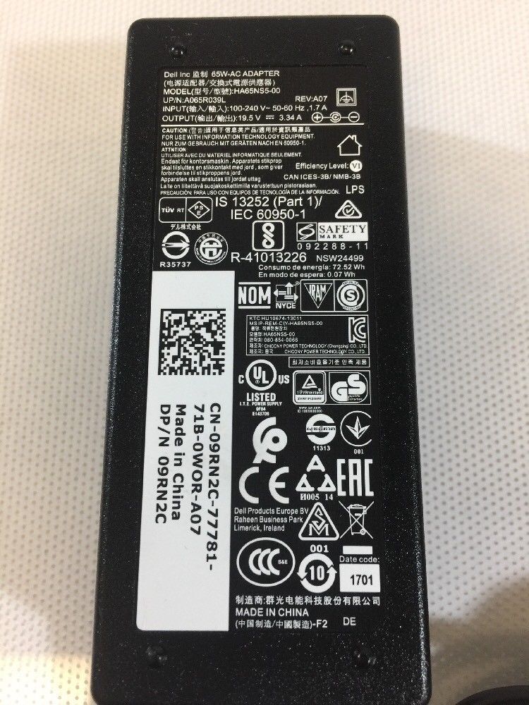 Dell 65W AC Power Adapter 09RN2C 098R6C HA65NS5-00 LA65NS2-01 DA65NM111-00 7.4mm