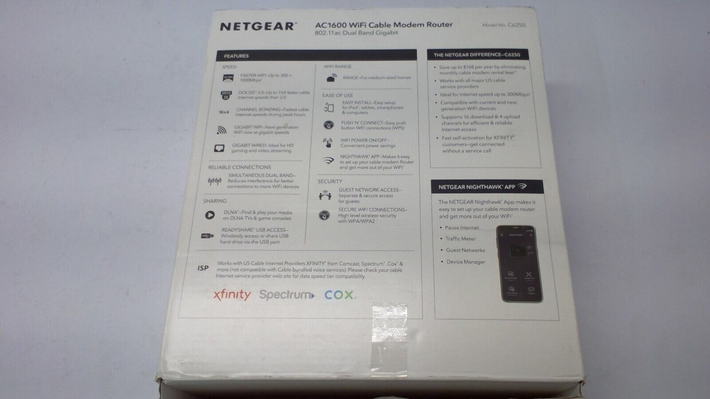 Netgear AC1600 Wifi Cable Modem Router C6250-1AZNAS