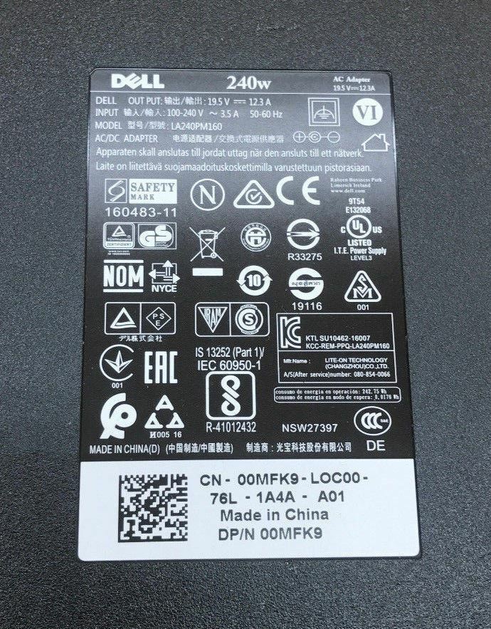 Dell 240W AC Adapter LA240PM160 GA240PE1-00 00MFK9 0FWCRC 19.5V 12.3A