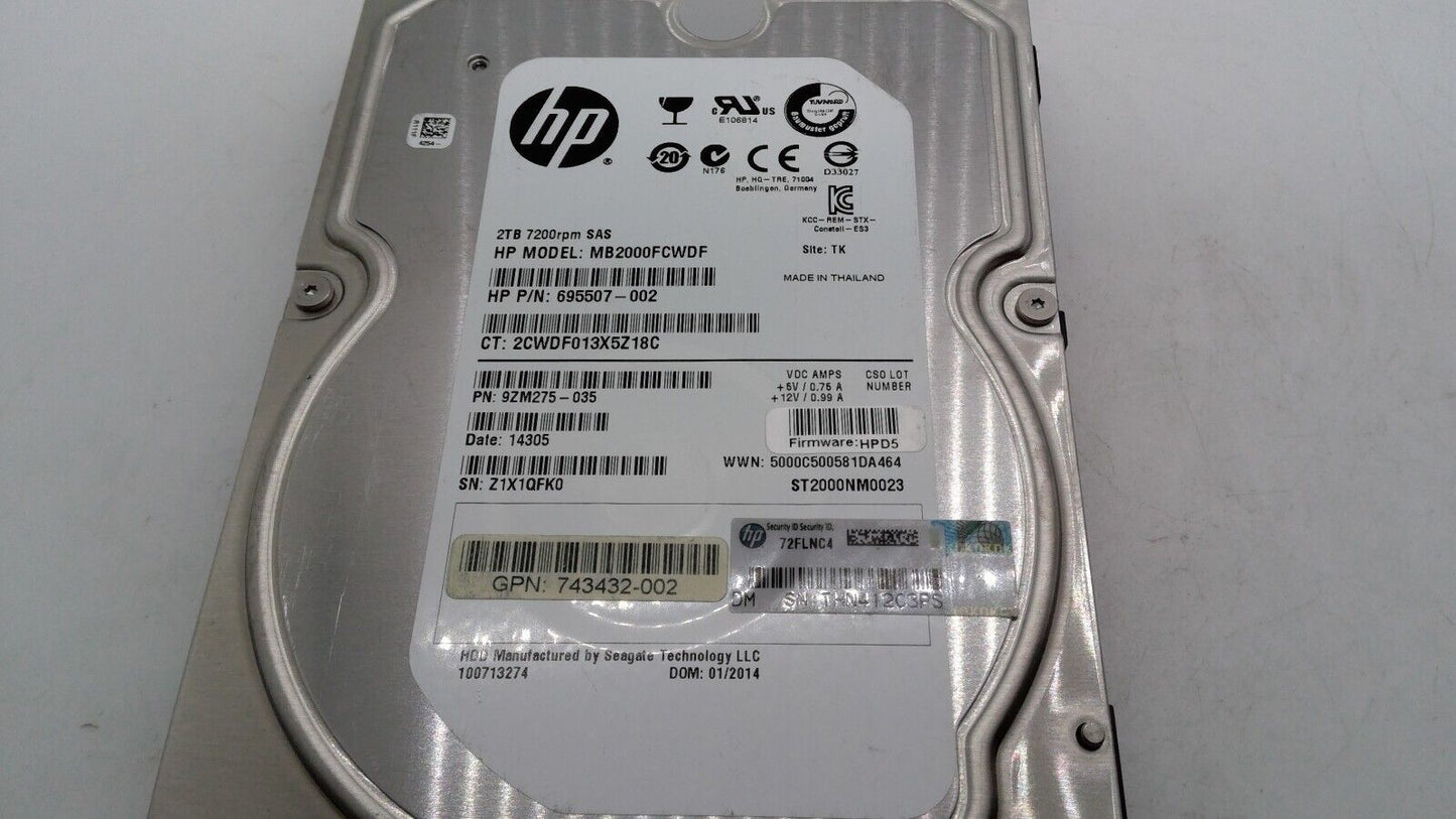 OEM HP MB2000FCWDF 695507-002 2TB ST2000NM0023 7200rpm  SAS 3.5'' Hard Drive