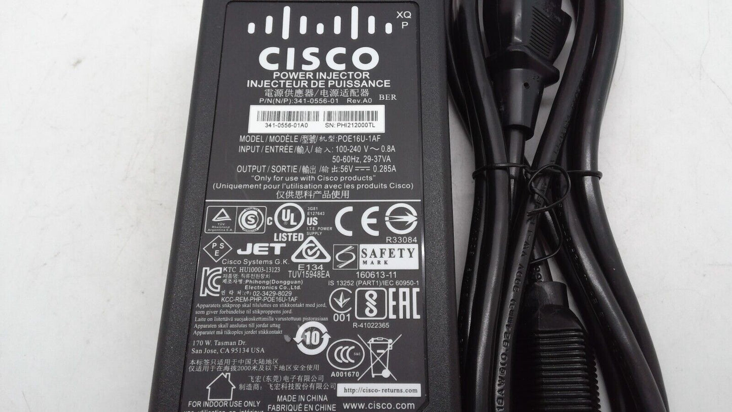 Genuine Cisco POE16U-1AF Power Injector 56V 0.285A 341-0556-01 w/ Power Cord