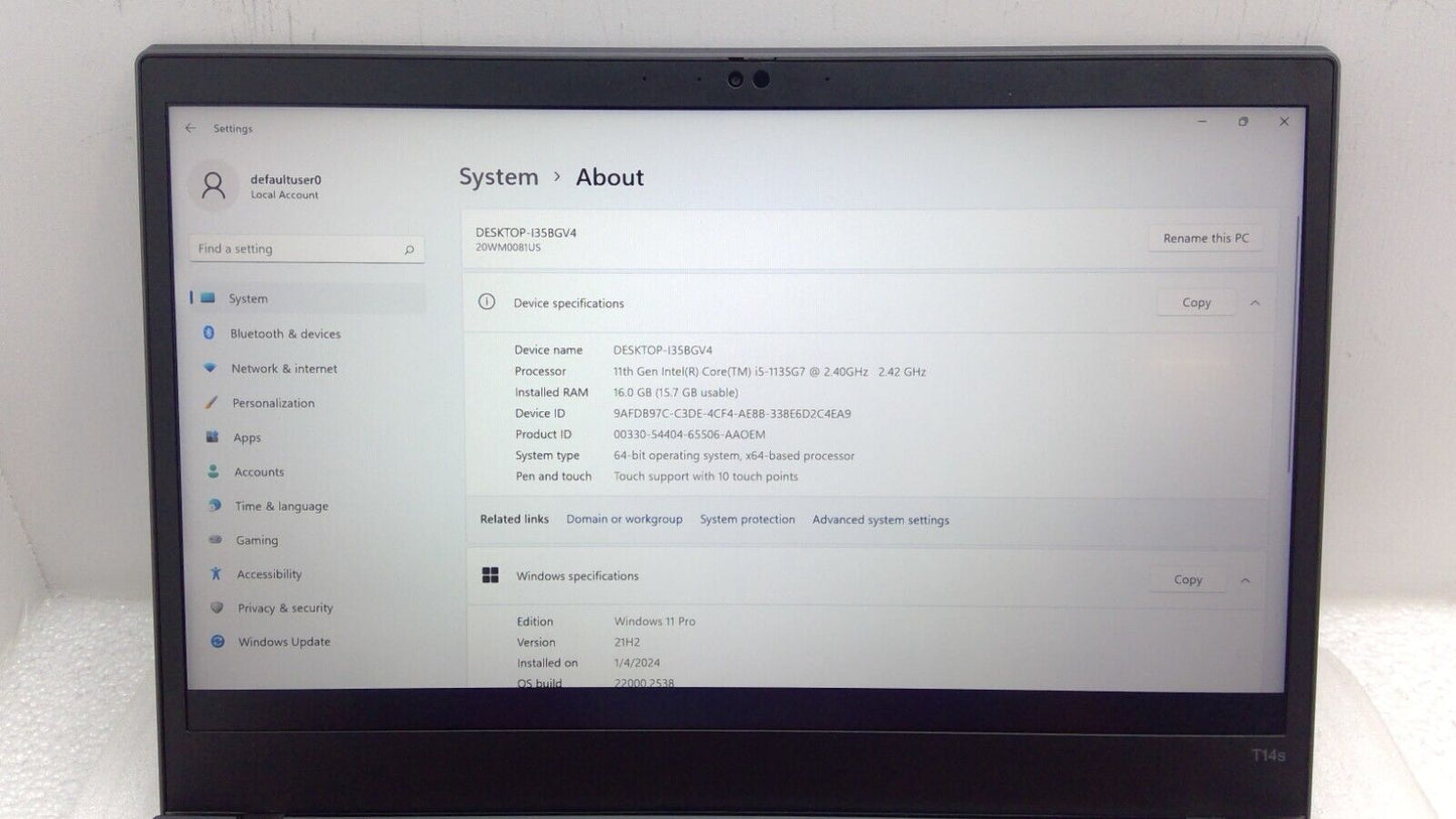 ThinkPad T14s Gen 2 AL 14" Touch screen Laptop i5-1135G7 16GB RAM 512GB SSD B0