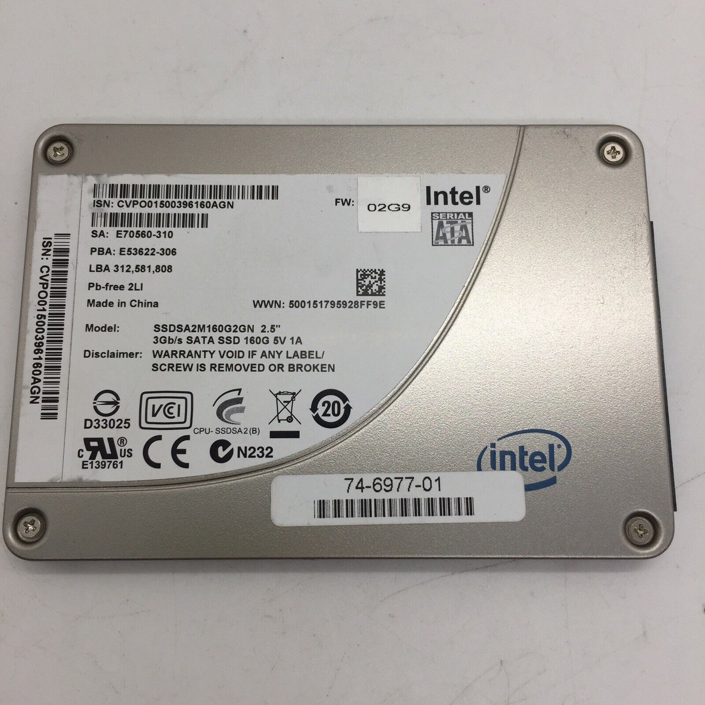 INTEL 160GB SSD SATA SSDSA2M160G2GN 2.5" SOLID STATE DRIVE | 5V 1A