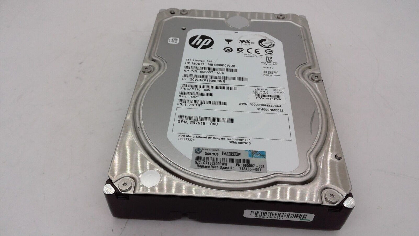 Original HP MB4000FCWDK ST4000NM0023 4TB 7.2K 6Gb/s SAS 3.5" HDD