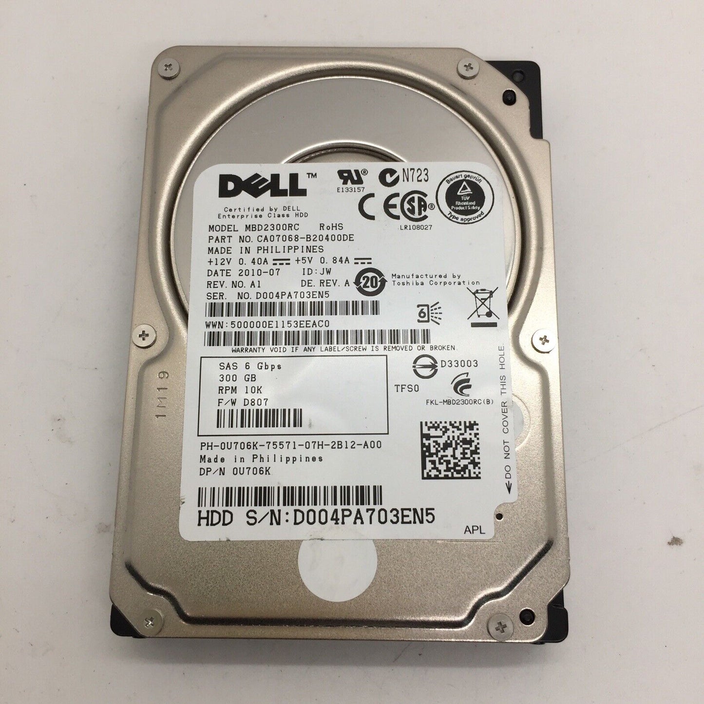 U706K 0U706K Dell 300GB 10K 6G SFF SAS HDD  MBD2300RC