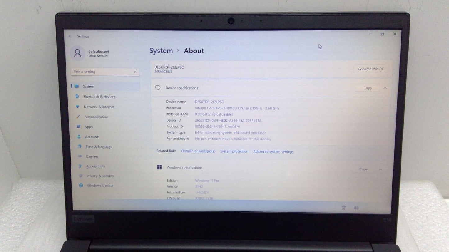 Lenovo ThinkPad E14 Gen 1 14" Laptop i3-10110U@2.1GHz 8GB RAM 256GB SSD B1345