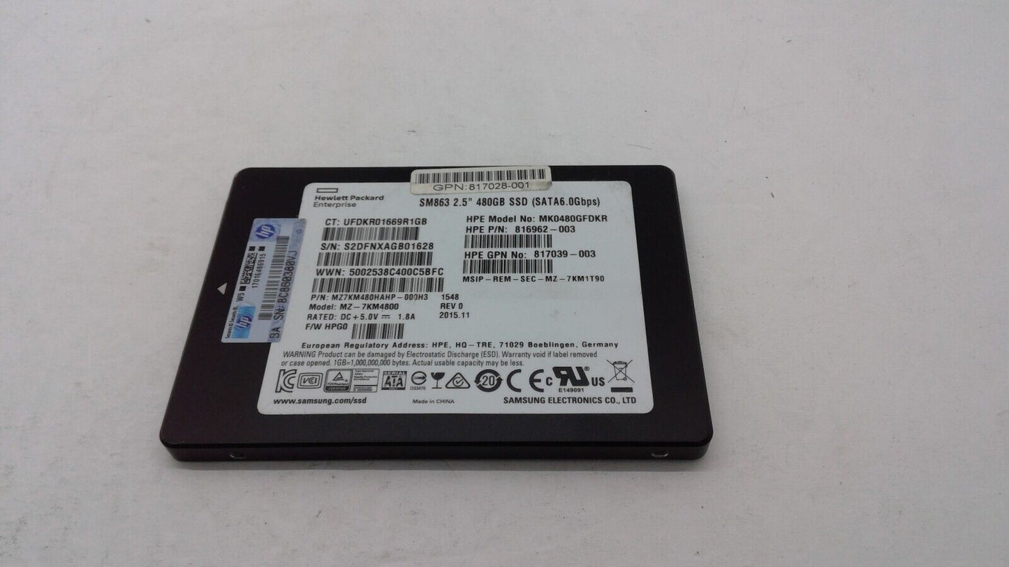 HPE 816962-003 480GB MZ-7KM4800 6G 817028-001 MK0480GFDKR 2.5" SATA SSD