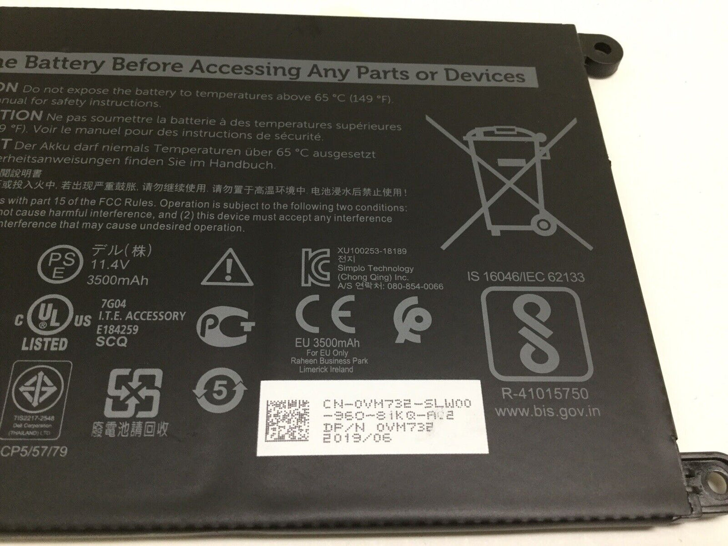 Genuine Dell Inspiron 3583 11.4V 42Wh 3500mAh Laptop Battery YRDD6 1VX1H