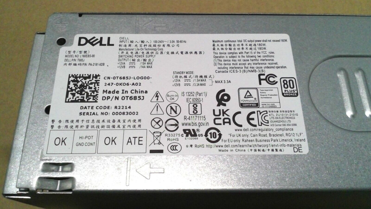 Dell T685J 180W PSU Power Supply for OptiPlex 3000 3910 5000 7000 L180EBS-00