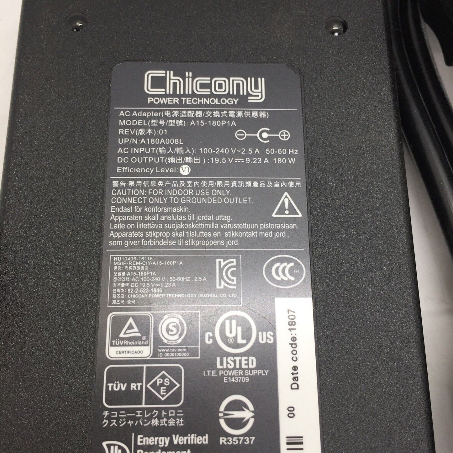 Genuine Chicony 180W 19.5V 9.23A  Adapter A15-180P1A Power Supply for MSI Laptop