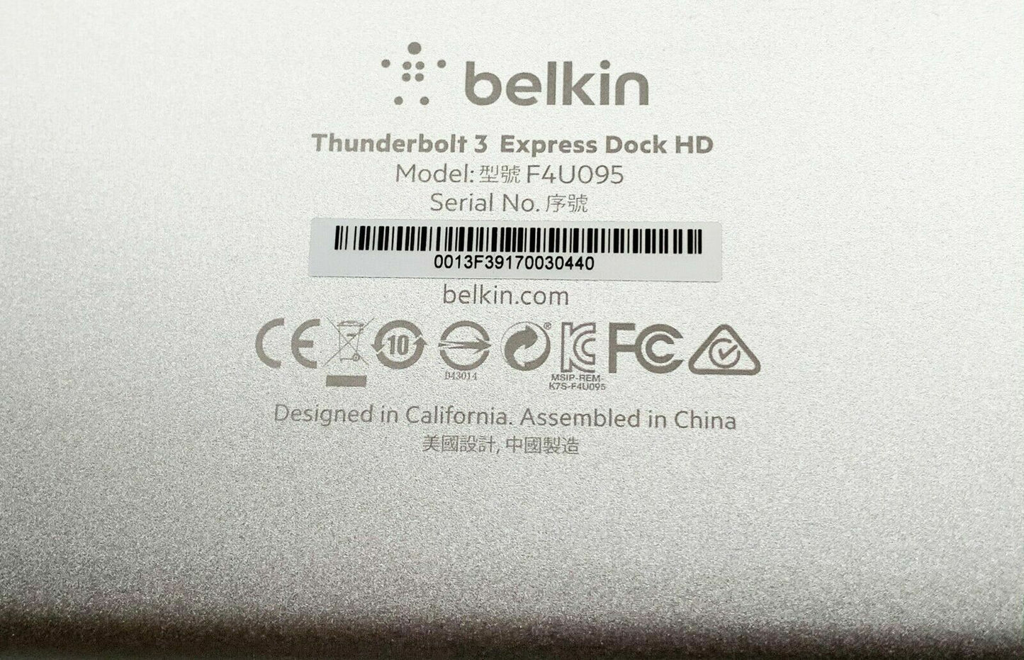 Belkin Thunderbolt 3 USB 3.0 USB-C Express Dock Station HD F4U095