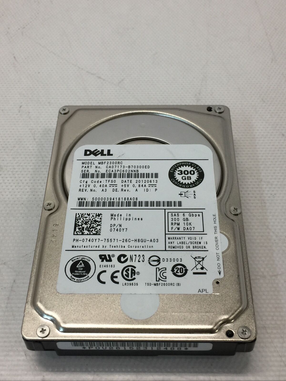 740Y7 DELL 0740Y7 MBF2300RC 300GB 10K 6Gbps SFF 2.5'' SAS HDD HARD DRIVE