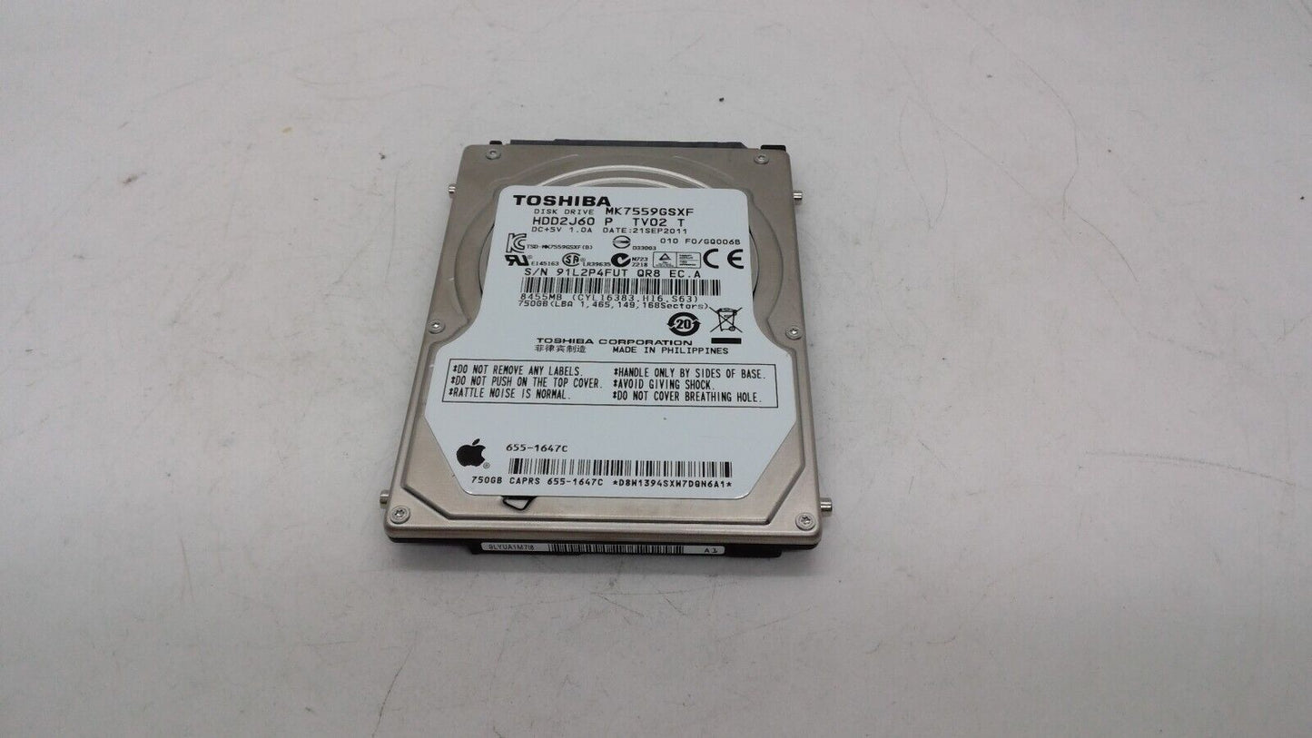 Toshiba 750Gb 2.5" HDD Hard Drive Apple 655-1647 MK7559GSXF