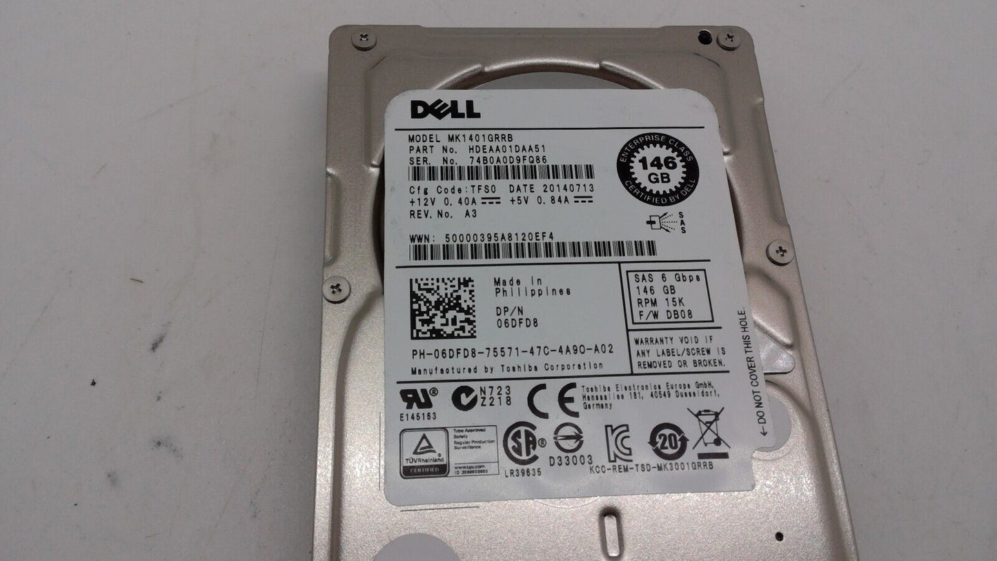 Dell 06DFD8 6DFD8 146GB 15000RPM 6Gb/s 2.5 SAS Hard Drive MK1401GRRB