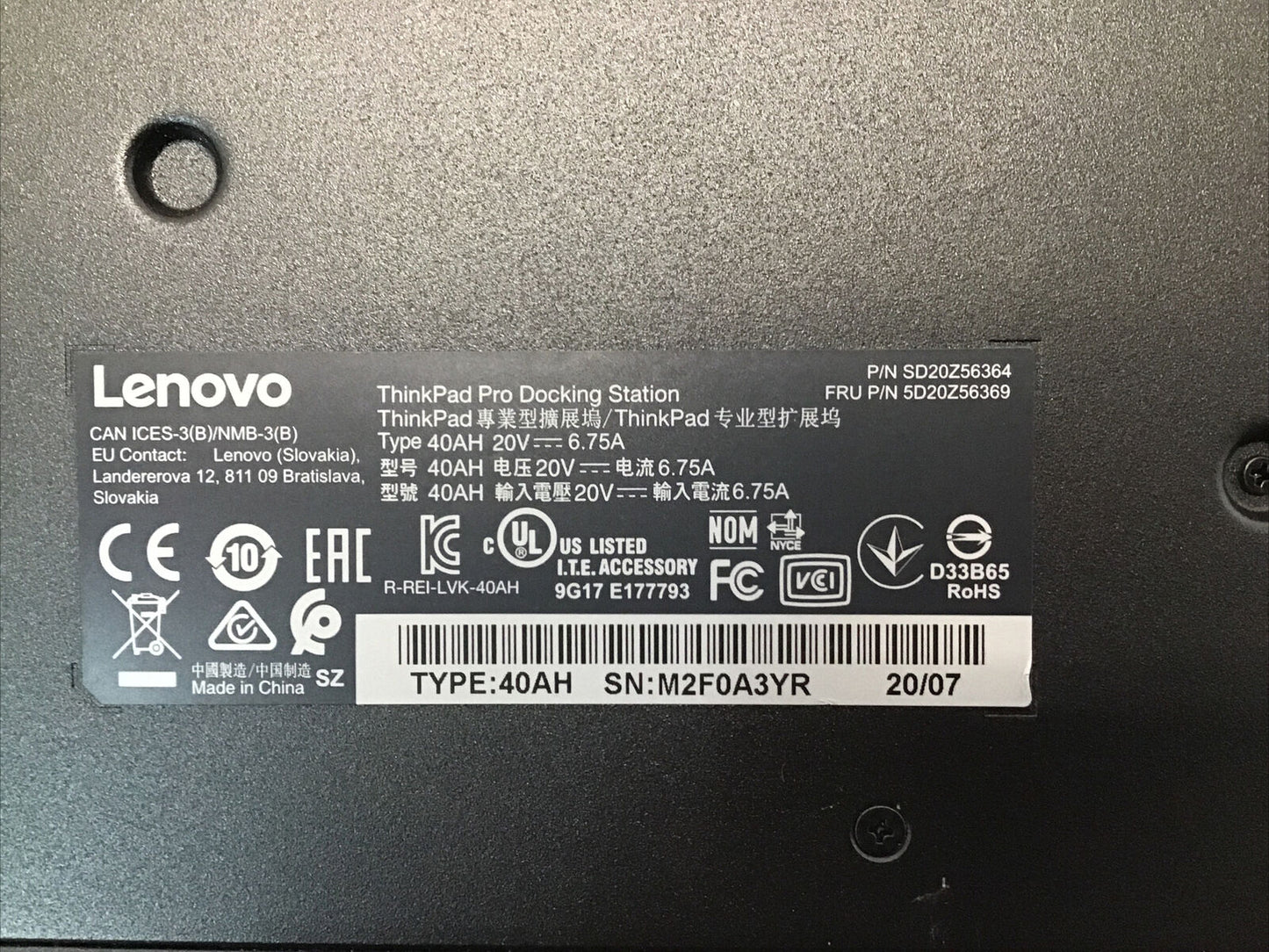 Lenovo ThinkPad Ultra Docking Station US 40AH (SD20Z56369) With AC Adapter