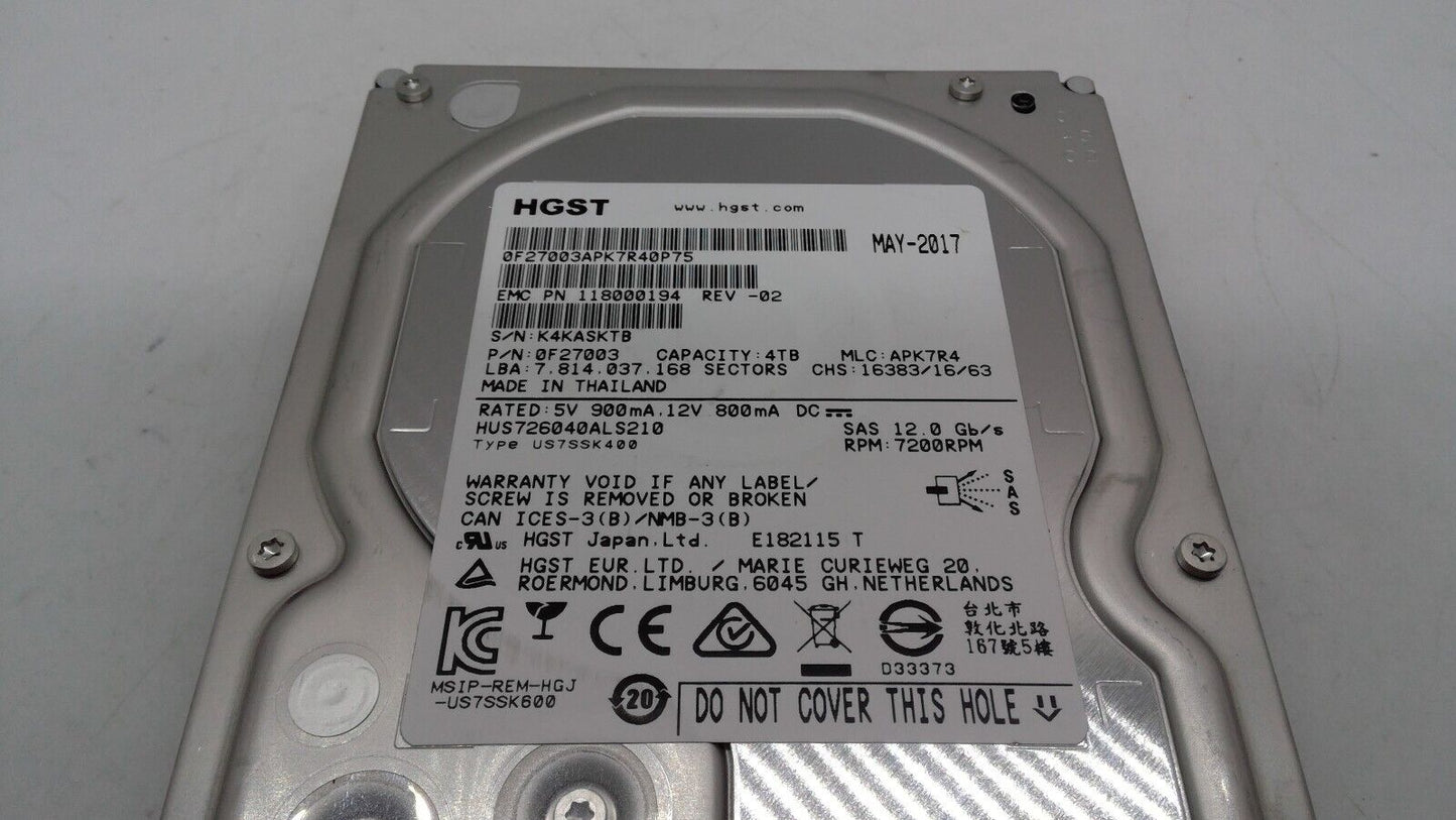 HGST HUS726040ALS210 0F27003 4TB 7200 RPM SAS 12Gb/s 3.5" Hard Drive