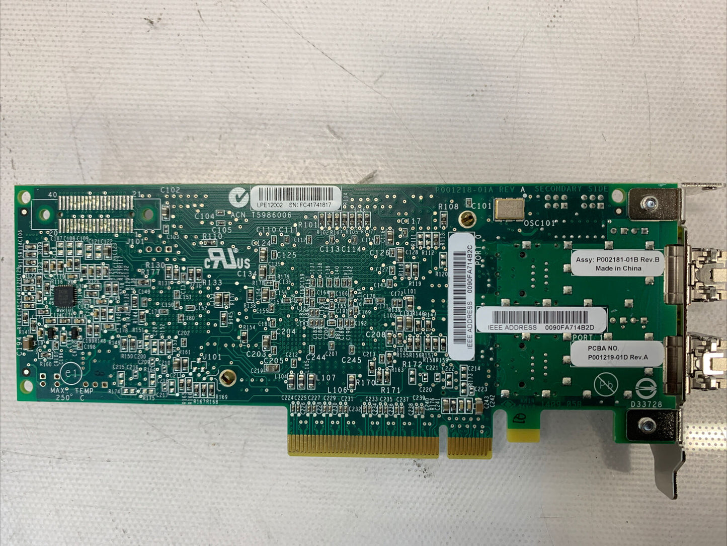 Emulex LPE12002 8GB Dual Port Fibre Channel Host Bus Adapter PCIe w/ (2) 8GB SFP