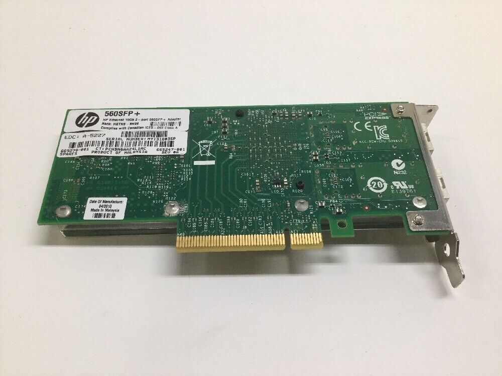 HP 560SFP+ Dual Port 10GB SFP+ Ethernet Adapter Intel X520-DA2 Card 669279-001